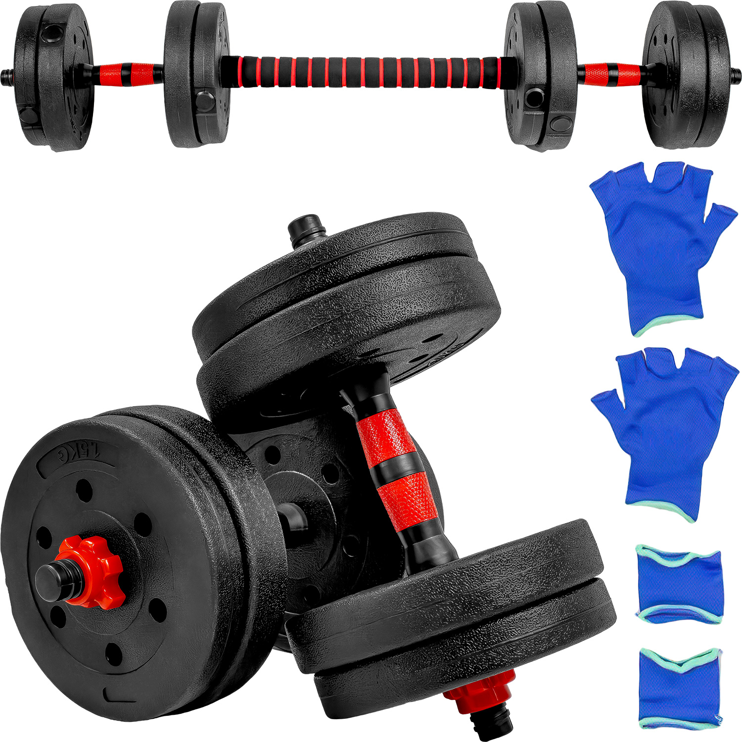 Mancuernas Ajustables 8 Pesas Set Barra Recta 15 Kg Guantes