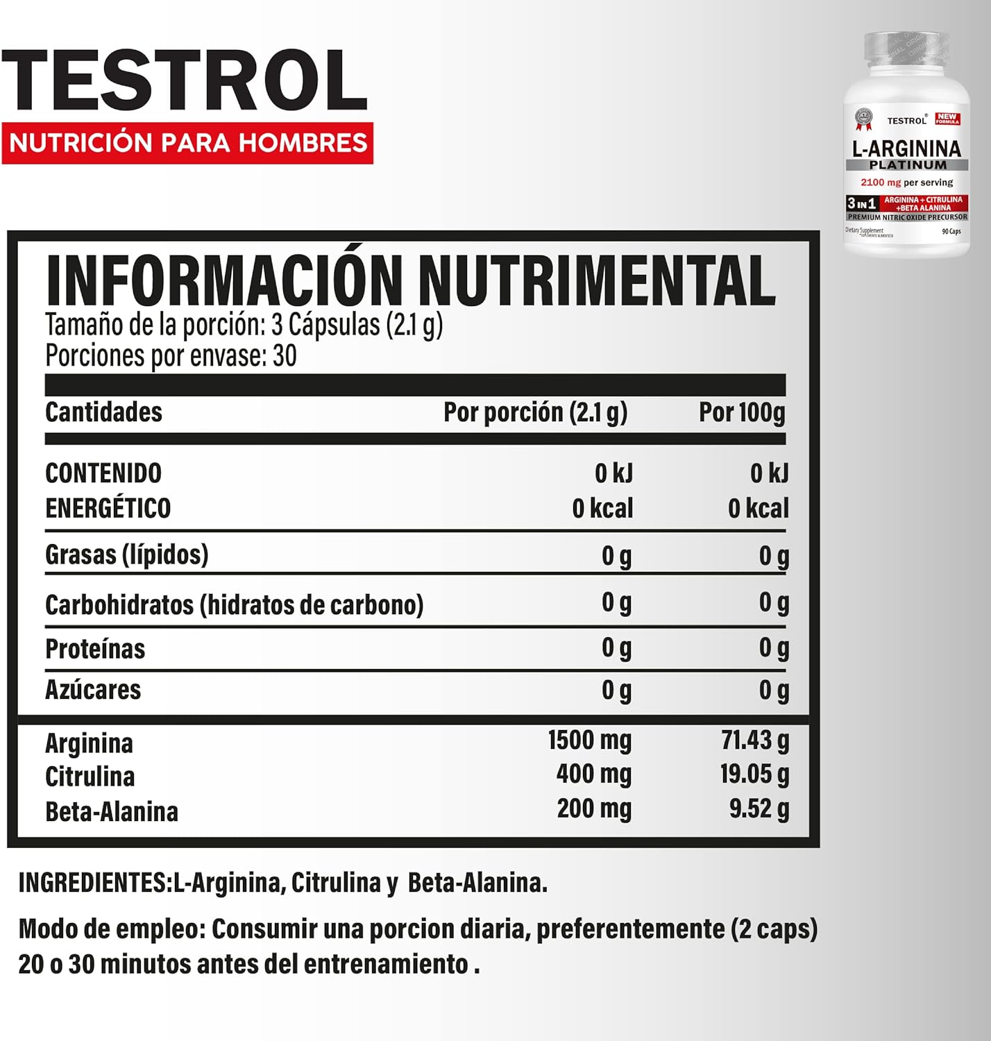 L-arginina Platinum 2100mg Testrol 3 In 1- 90 Cápsulas