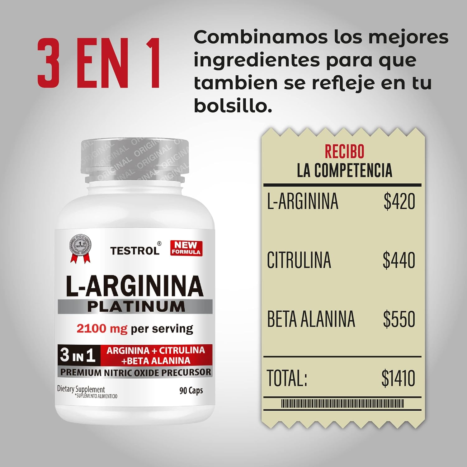 L-arginina Platinum 2100mg Testrol 3 In 1- 90 Cápsulas