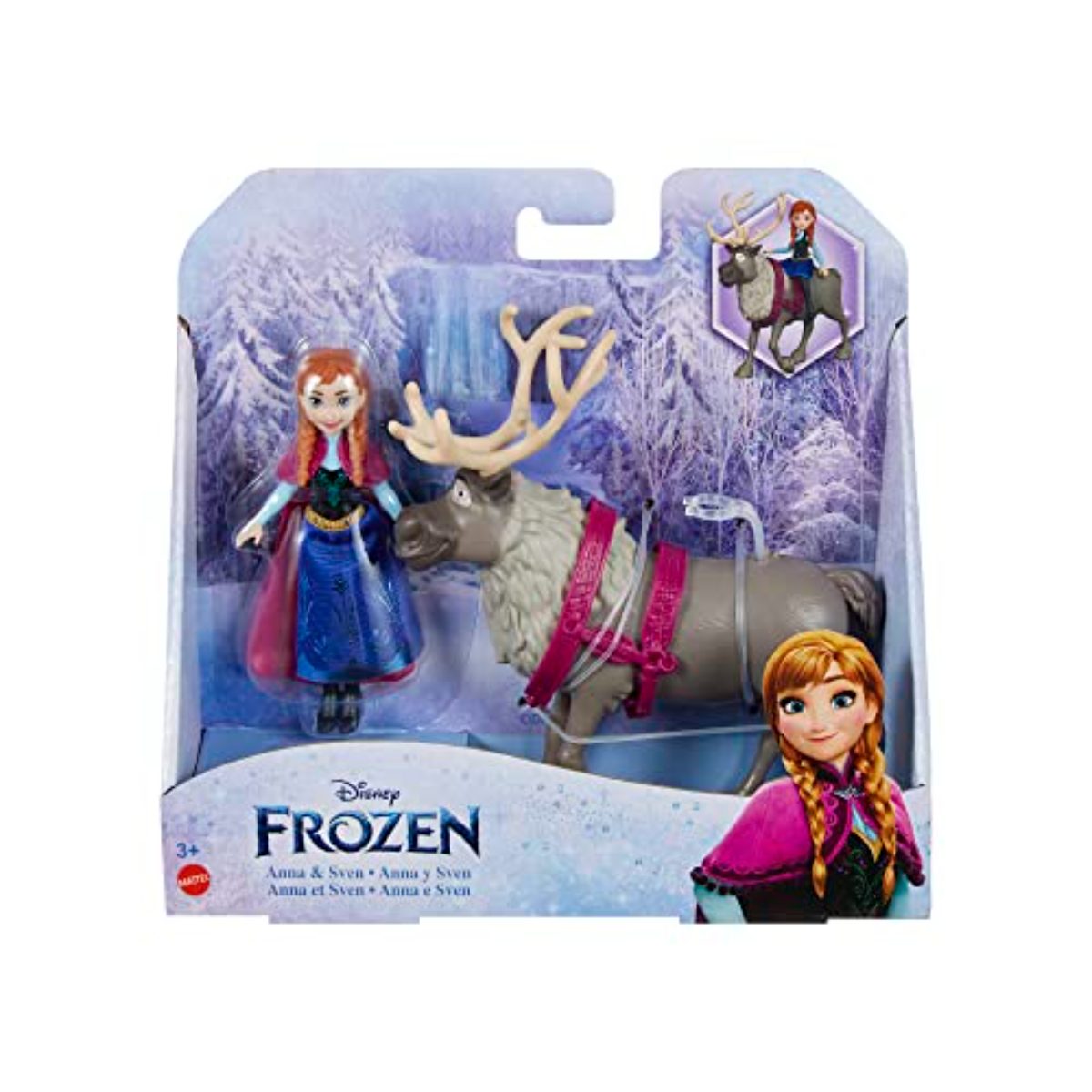 Disney Frozen Minis Anna y Sven Muñeca pequeña con reno de juguete, +3 años (Mattel HLX03)