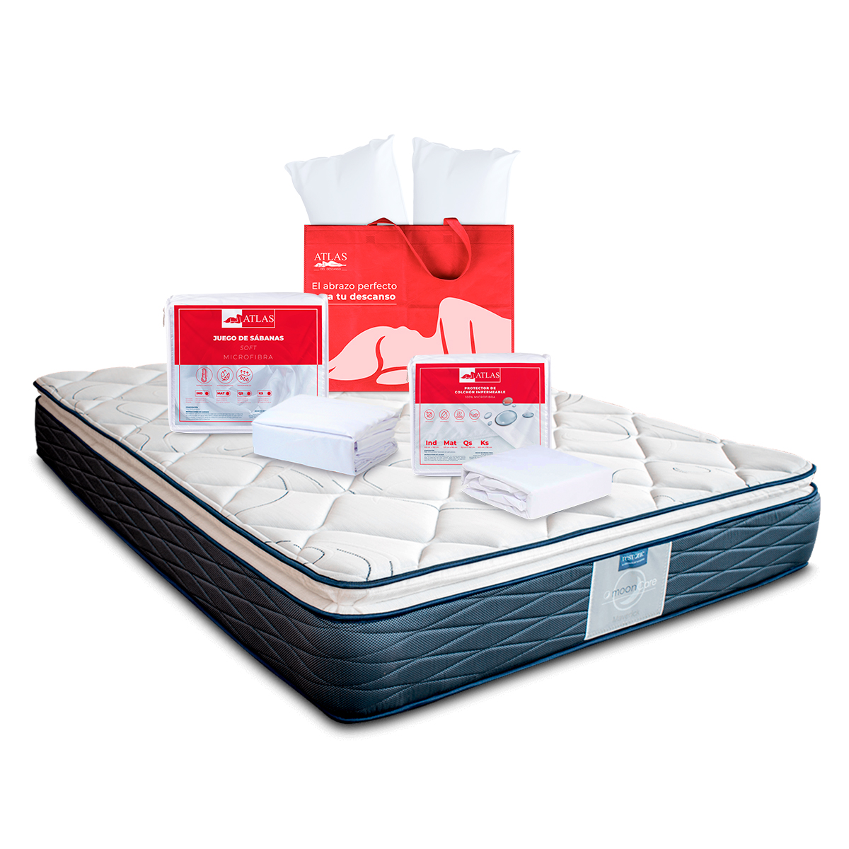 Colchón Matrimonial Restonic Maverick y Regalo 2 Almohadas, Protector y Sábanas Atlas Basics