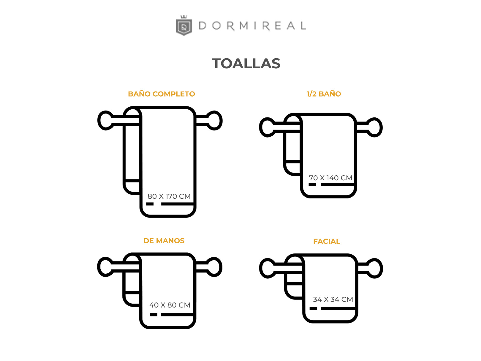 Toallas Set 4 Piezas Blancas 100% Algodón Varias Medidas Dormireal