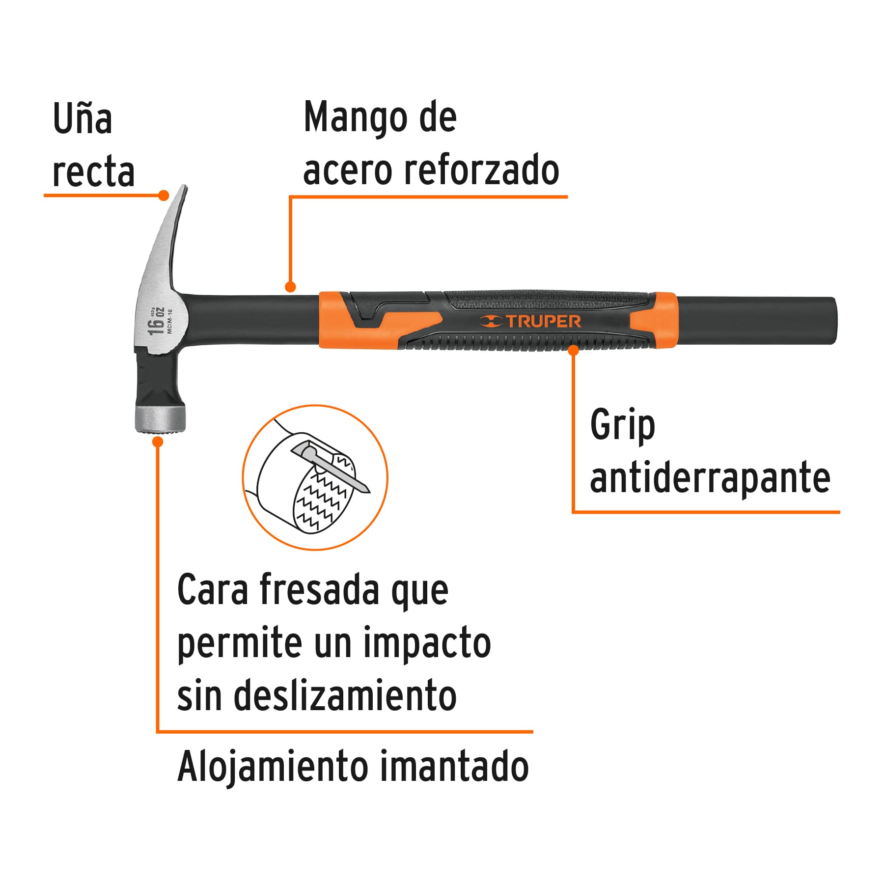 MARTILLO TUBULAR PARA CIMBRA 16 OZ UÑA RECTA, MANGO ACERO TRUPER 10754