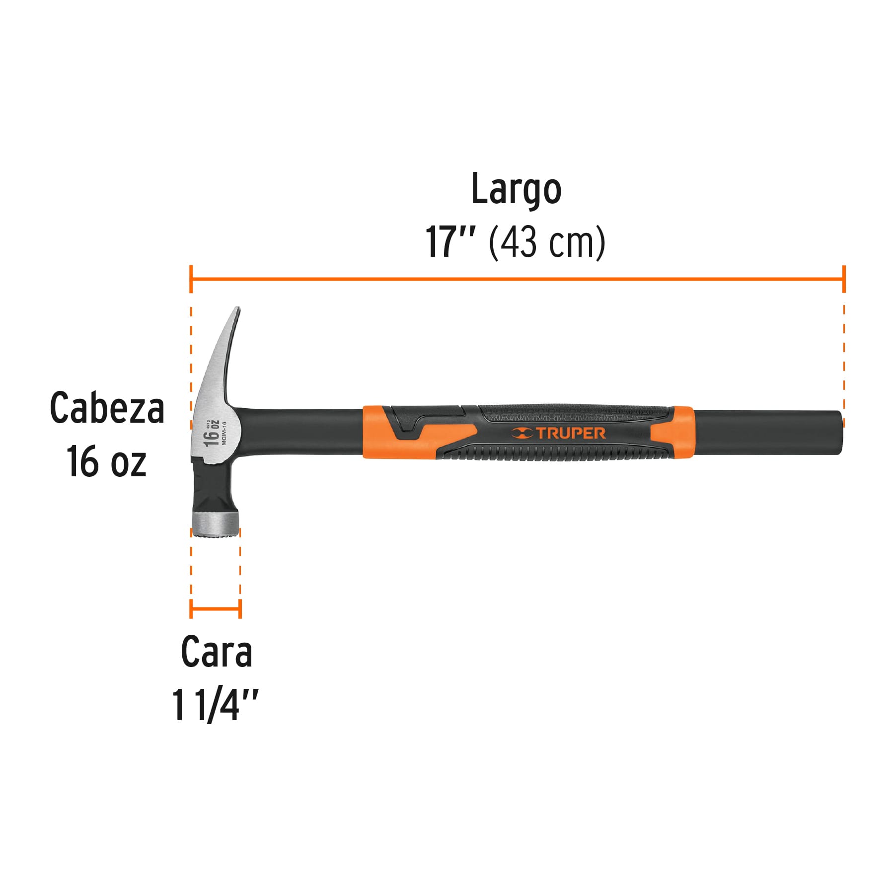 MARTILLO TUBULAR PARA CIMBRA 16 OZ UÑA RECTA, MANGO ACERO TRUPER 10754