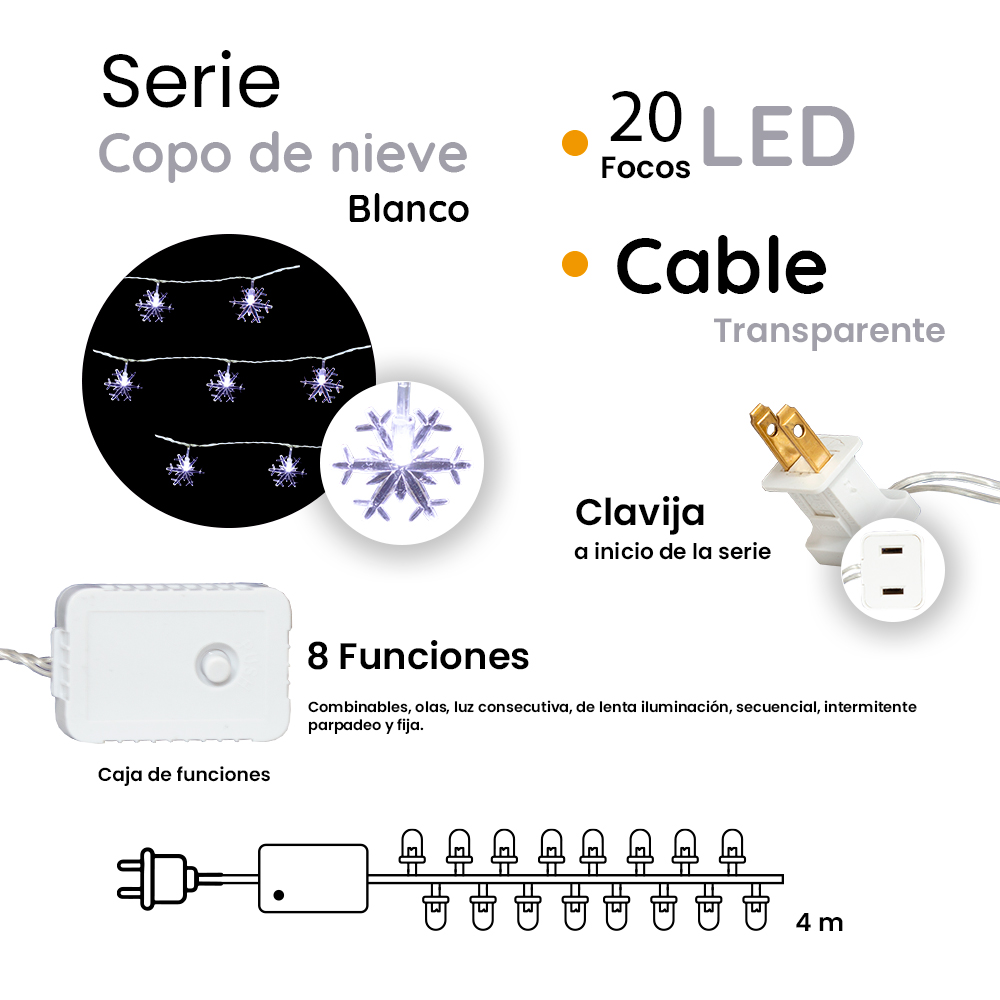 Serie Navideña Copo De Nieve 20 Focos Led Luz Blanca 4 Mts