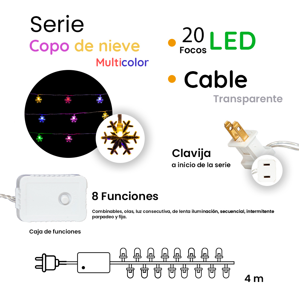 Serie Navideña Copo Nieve 20 Focos Led Luz Multicolor 4 Mts