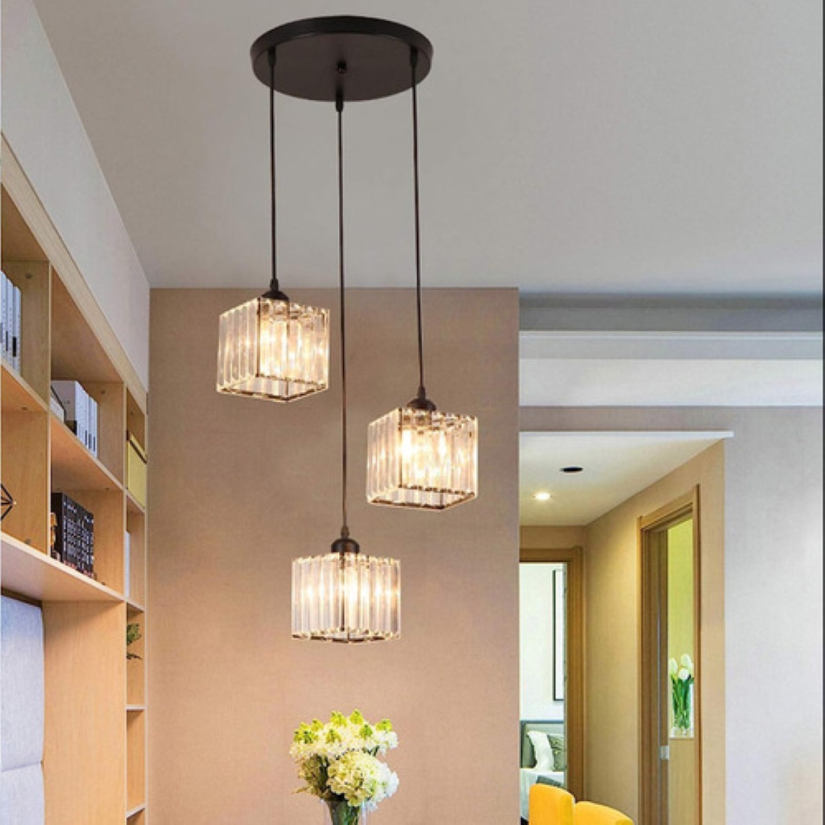 Lámpara Colgante De Techo Cristal Moderna Decorativa 3 Cab cuadrado negro