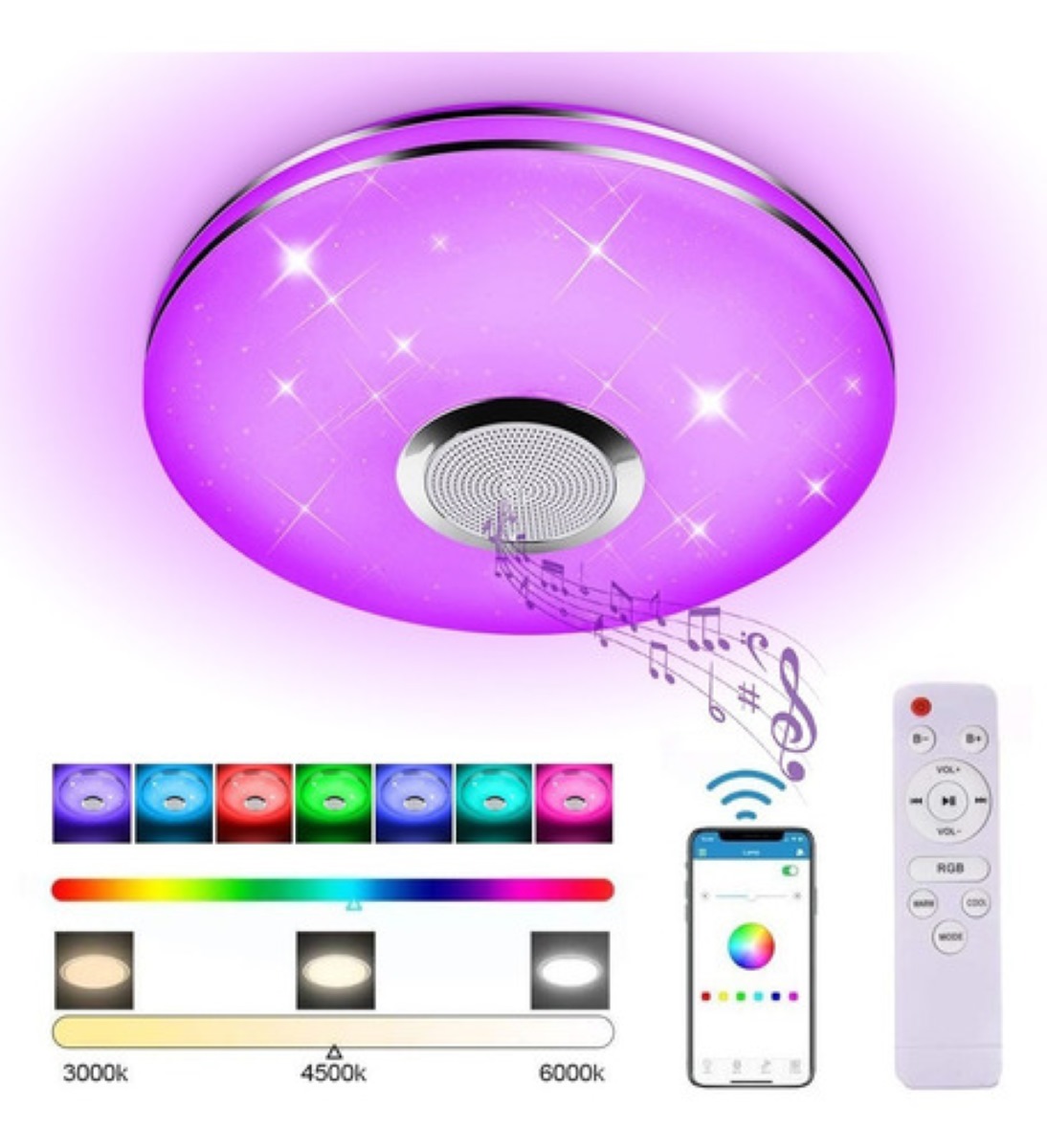 Lámpara De Techo Bluetooth 24w Luz Led Plafón Con Bocina Blanco