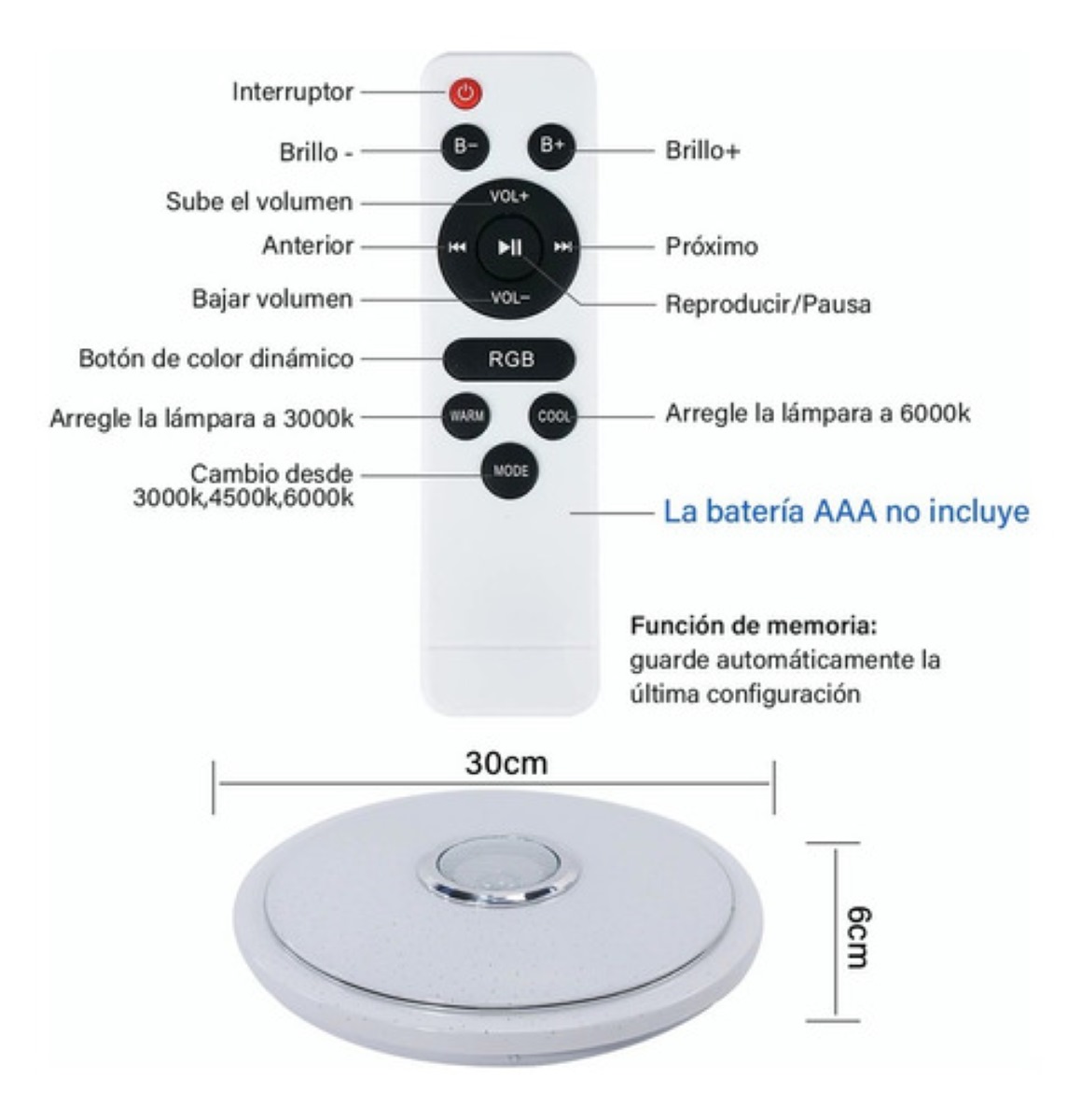 Lámpara De Techo Bluetooth 24w Luz Led Plafón Con Bocina Blanco