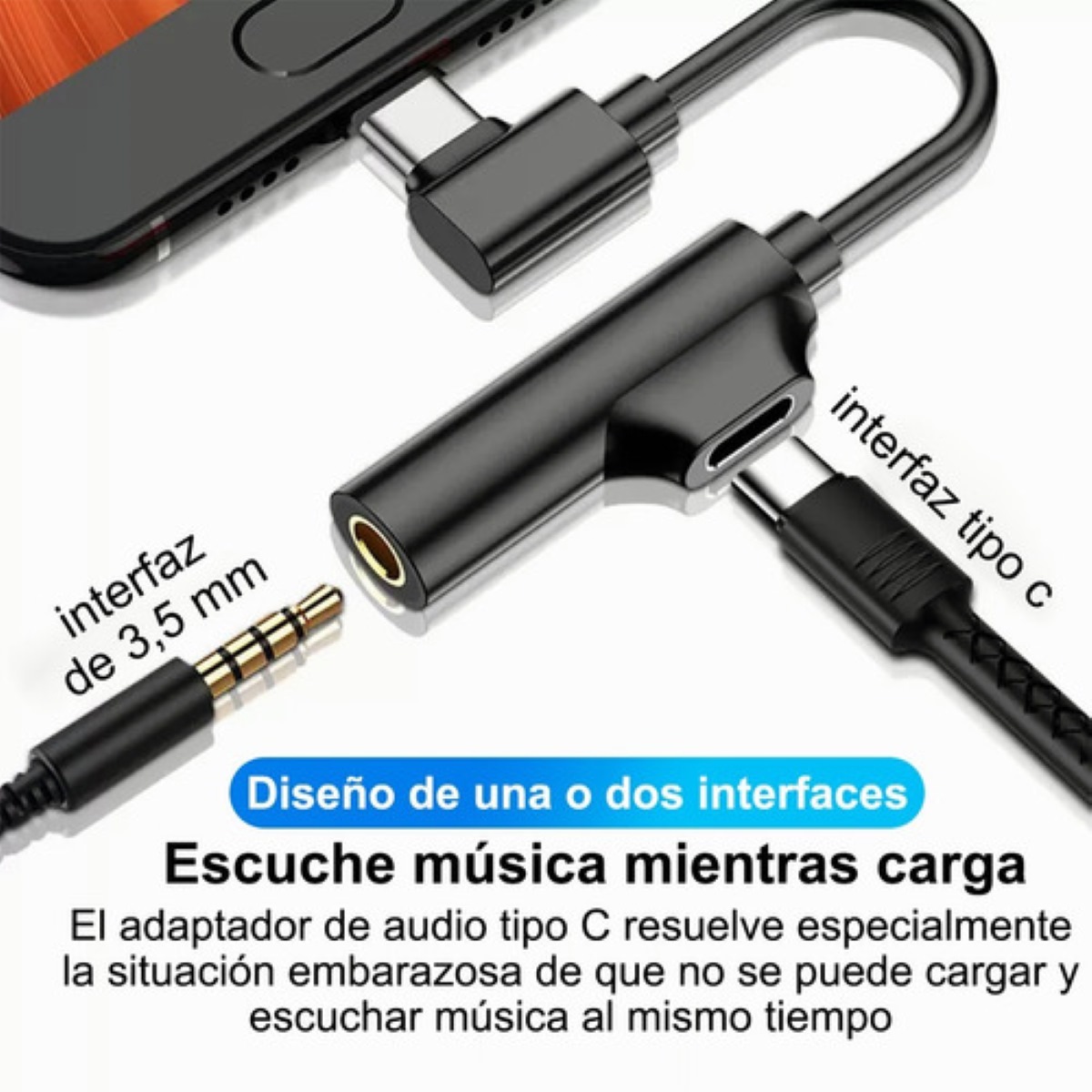 Adaptador Tipo C Aux 3.5mm Audio Y Tipo C Carga Cable Gris Negro