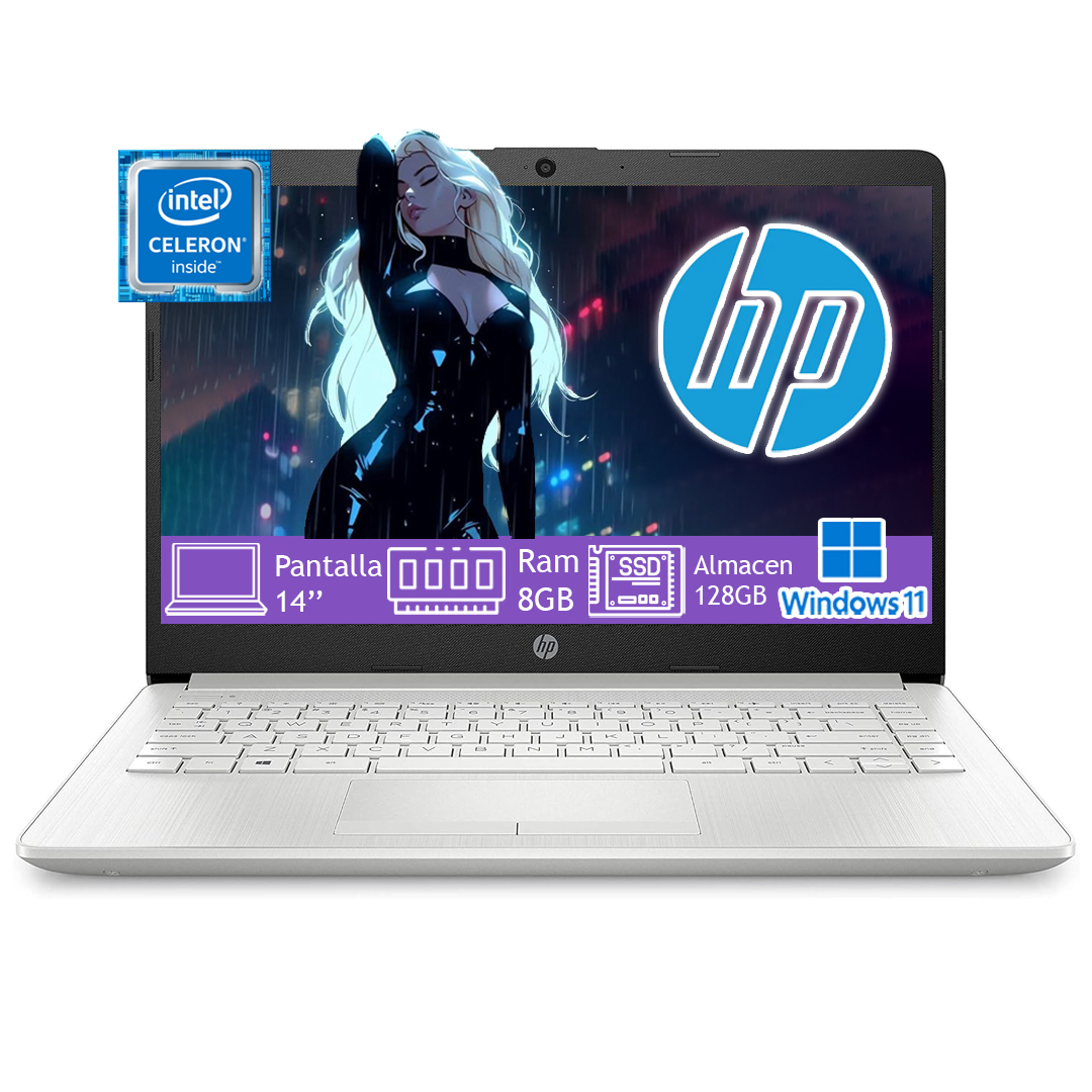 Laptop HP 14-DQ0518LA 14'' HD Intel celeron N4120 Ram 8GB Disco SSD128GB Windows 11 - Plata