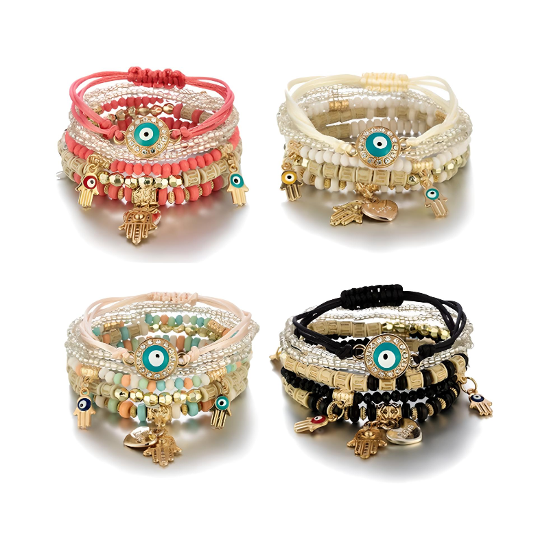 4 Set Pulseras Amistad Cuentas Boho Multicapa Evil Eye Hamsa