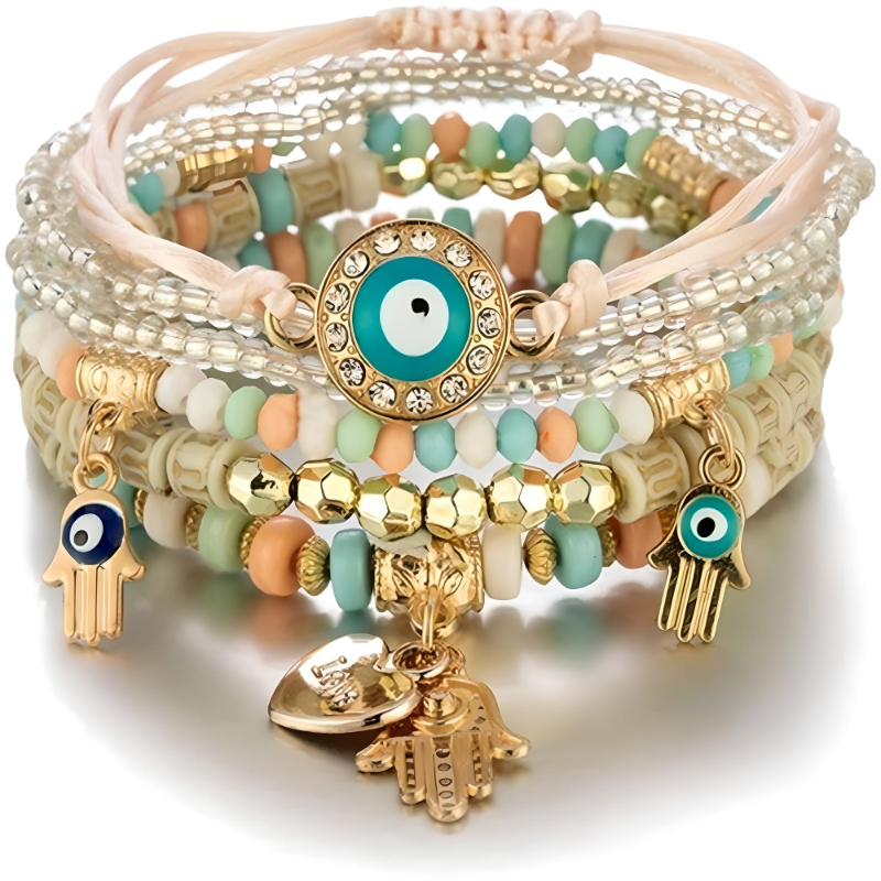 4 Set Pulseras Amistad Cuentas Boho Multicapa Evil Eye Hamsa
