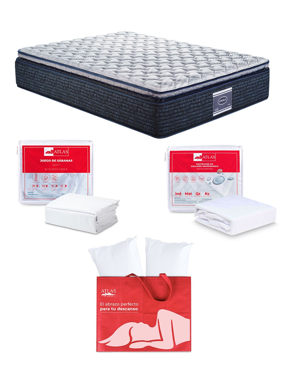 Colchón Queen Size América Frida + 2 Almohadas, Protector y Sábana Atlas Basic