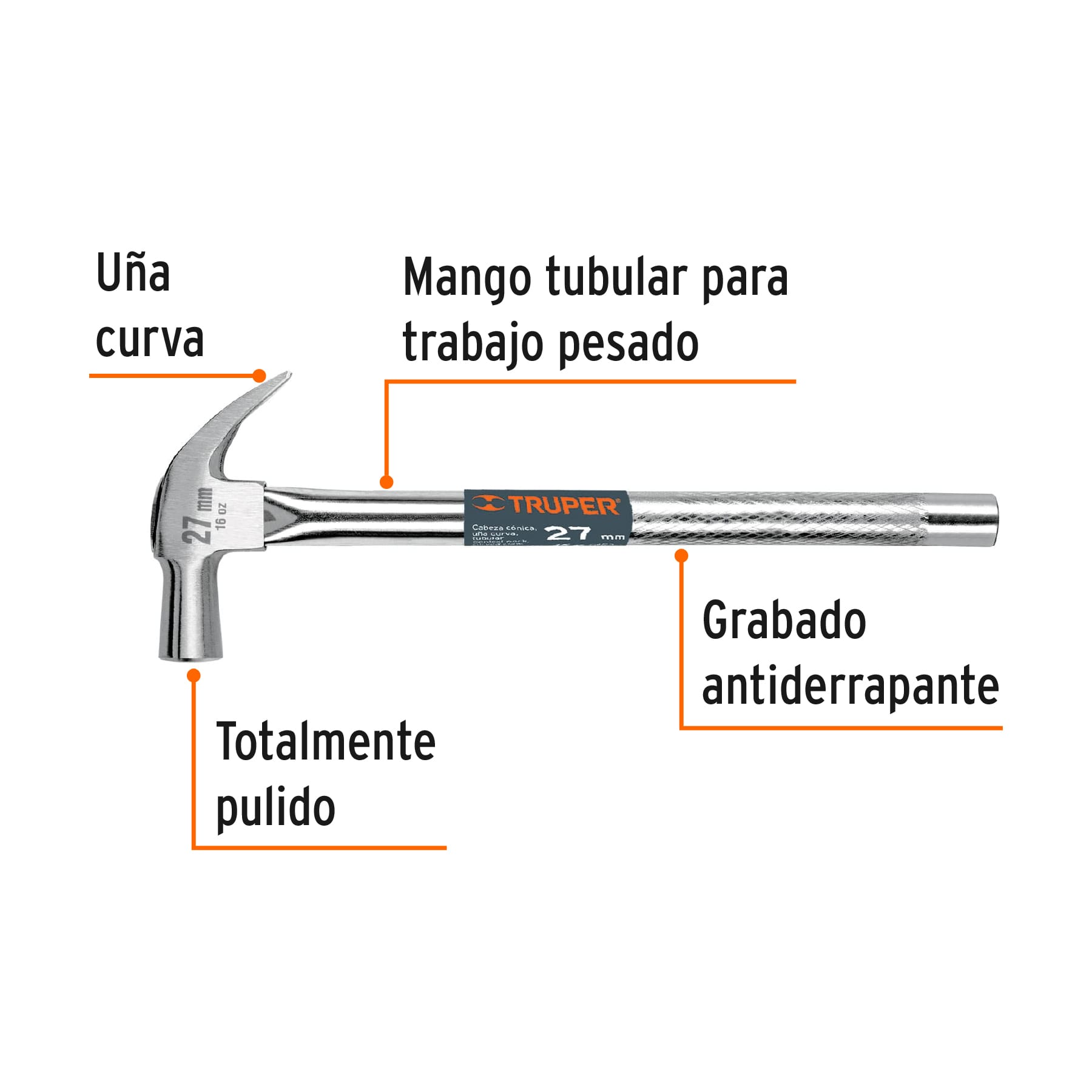 MARTILLO CABEZA CÓNICA 27 MM UÑA CURVA, MANGO TUBULAR TRUPER 10914