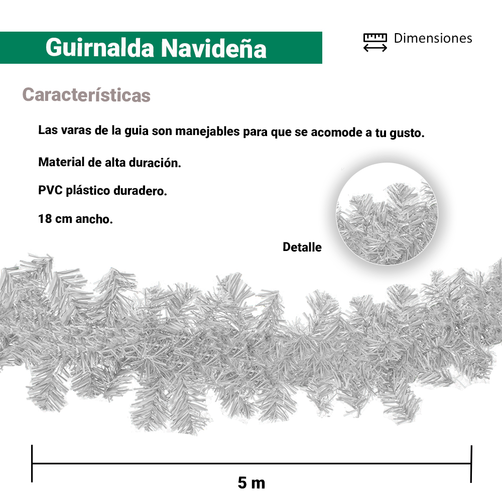 Guía Guirnalda Pino Navideña Color Blanco Decoración 5 Mts
