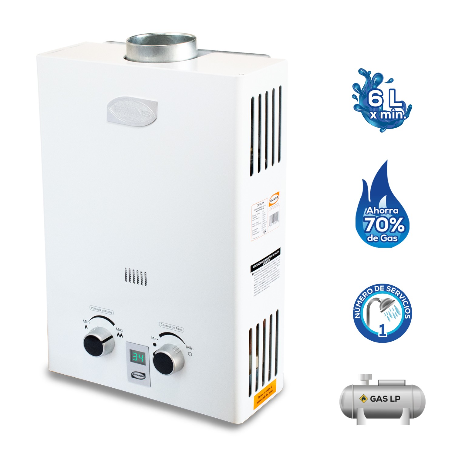 Calentador Instantaneo 6L Encendido Aut Gas Lp Evans Ciss6L