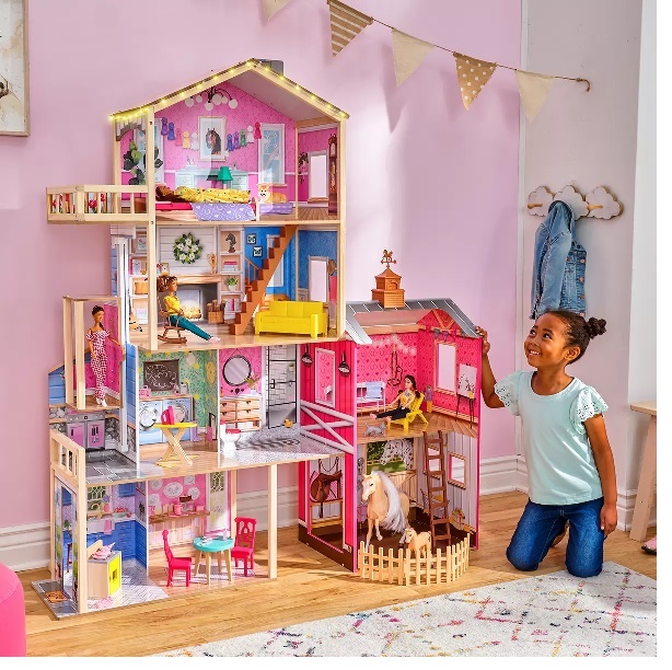 Le Toy Van - Casa de muñecas de madera Sky - Casa de ensueño para niños - 2  pisos con ático - Llena con accesorios para casa de muñecas - Adecuado