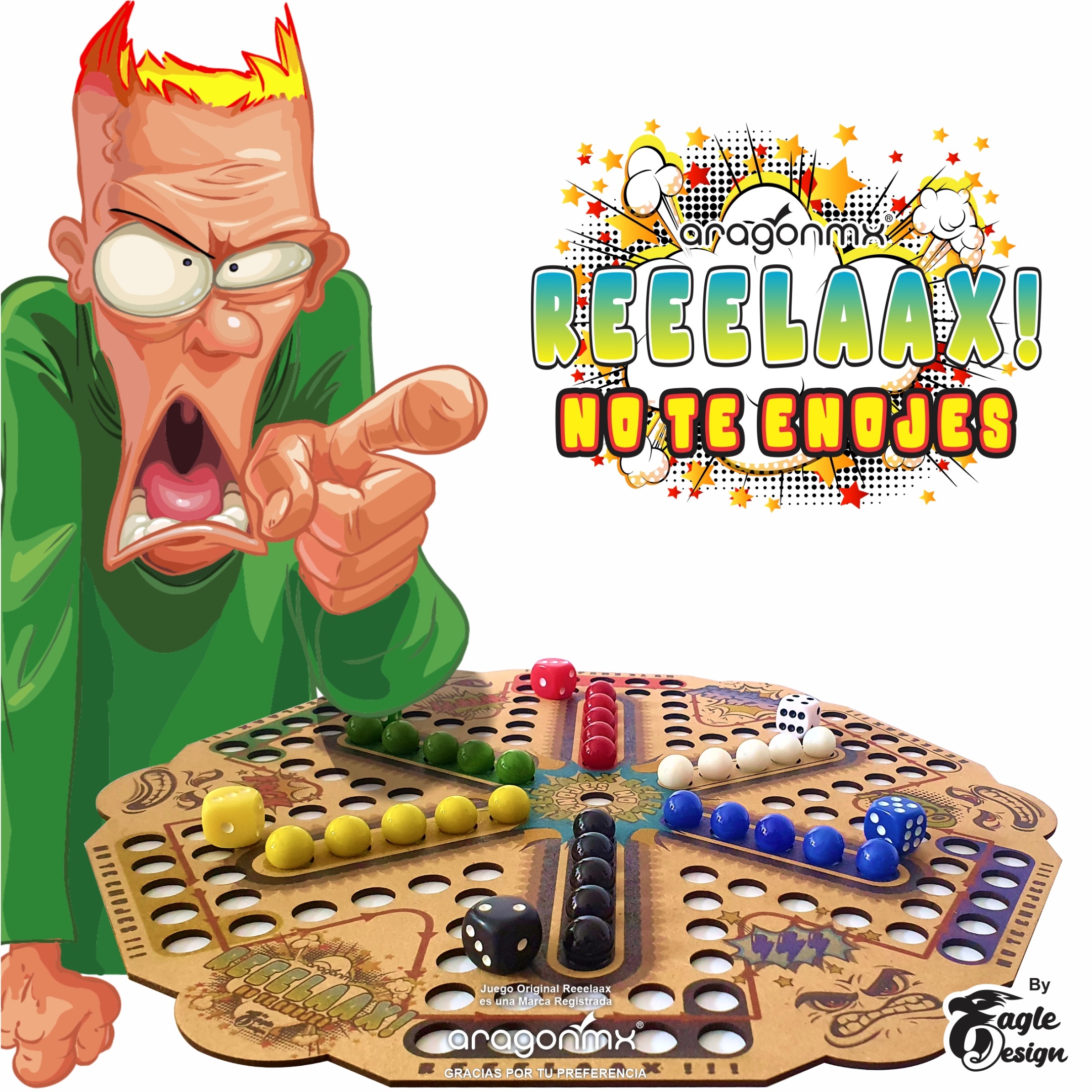 ARAGONMX, Juego de Mesa REEELAAX, No te ENOJES Original a Color, Premium, para 6 Jugadores, Juego Familiar, Incluye Tablero, Canicas, Dados de Colores, Funda para Guardar, para niños y Adultos.