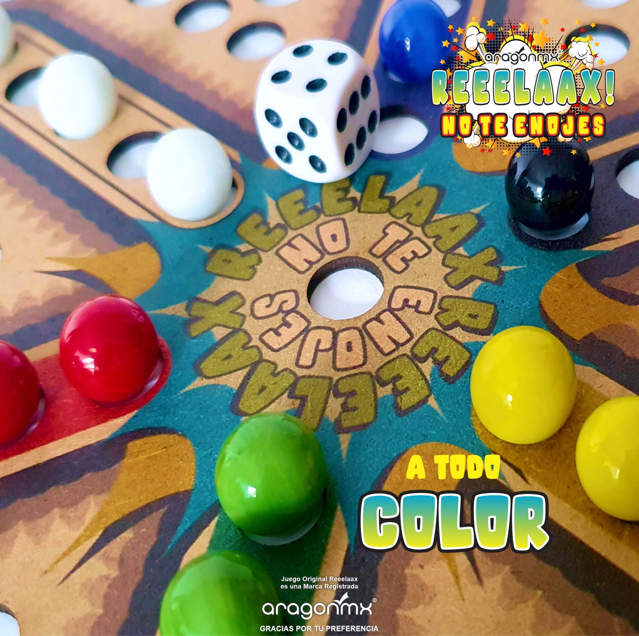 ARAGONMX, Juego de Mesa REEELAAX, No te ENOJES Original a Color, Premium, para 6 Jugadores, Juego Familiar, Incluye Tablero, Canicas, Dados de Colores, Funda para Guardar, para niños y Adultos.