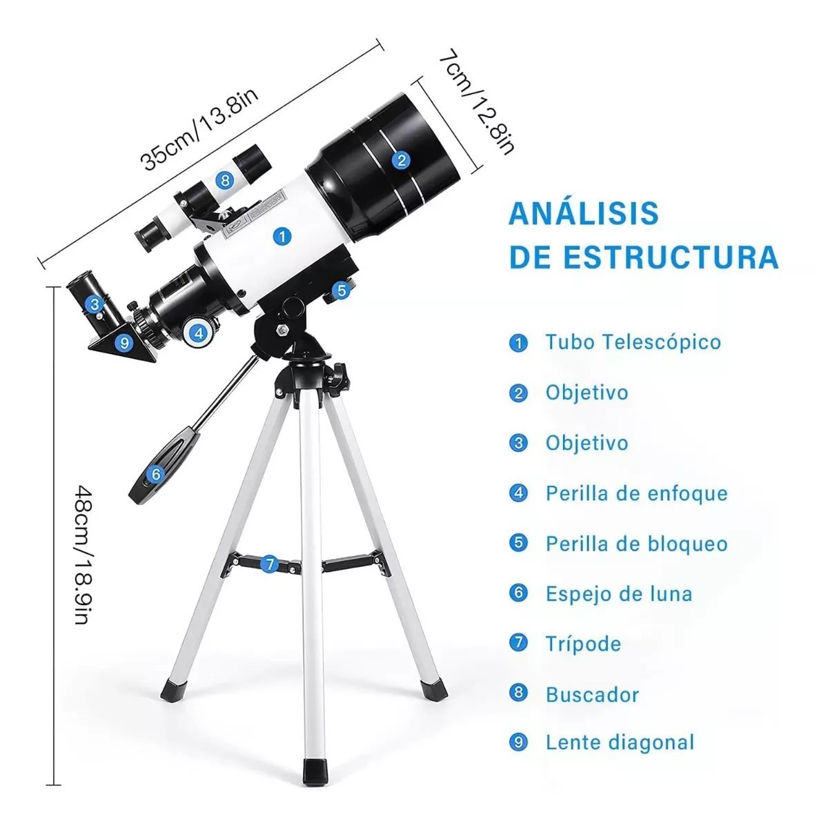 Telescopio astronómico portátil, telescopio refractor para niños y  principiantes de astronomía con trípode ligero, soporte para teléfono y  bolsa de