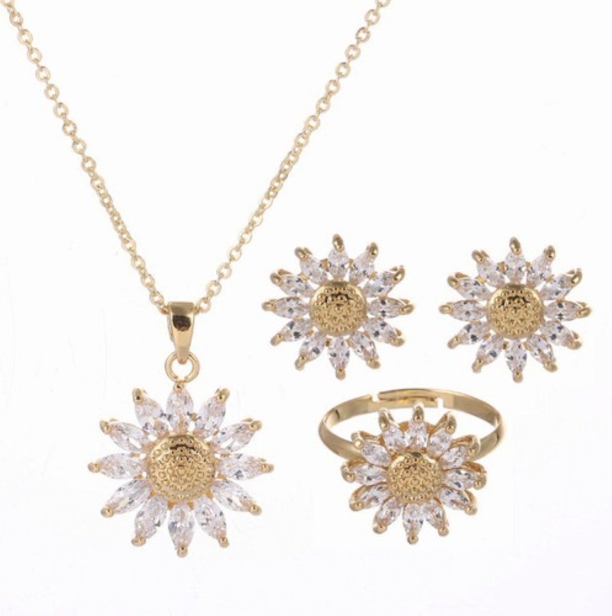 Collar Girasol Oro 18k Aretes Anillo Tres Piezas Amarillo
