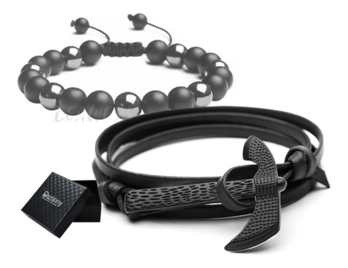 Brazalete De Cuentas Obsidiana Y Pulsera Hombre Hacha 2 Pzs Negro