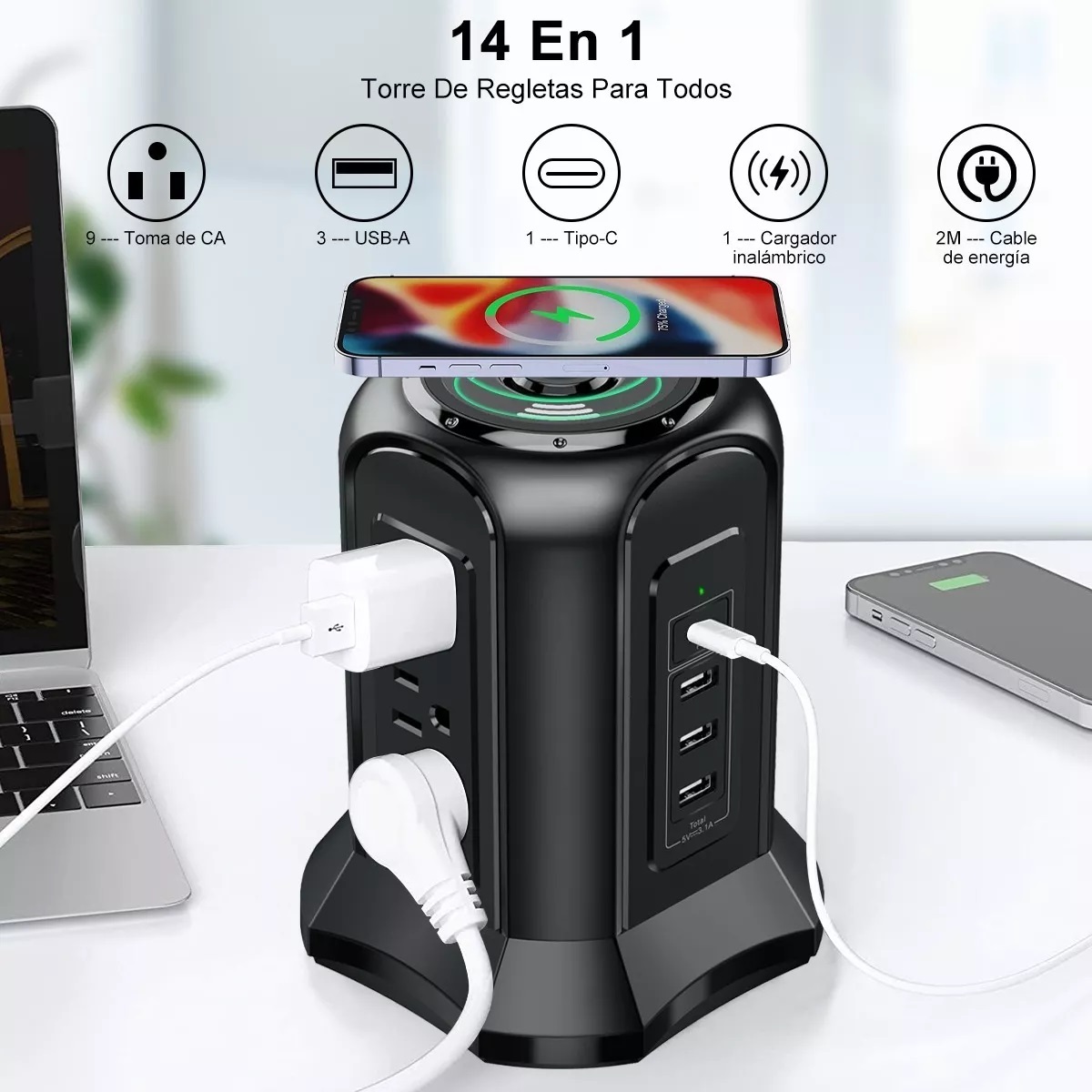 Multicontactos Electricos Torre Extension, 9 Salidas Y 4 Usb