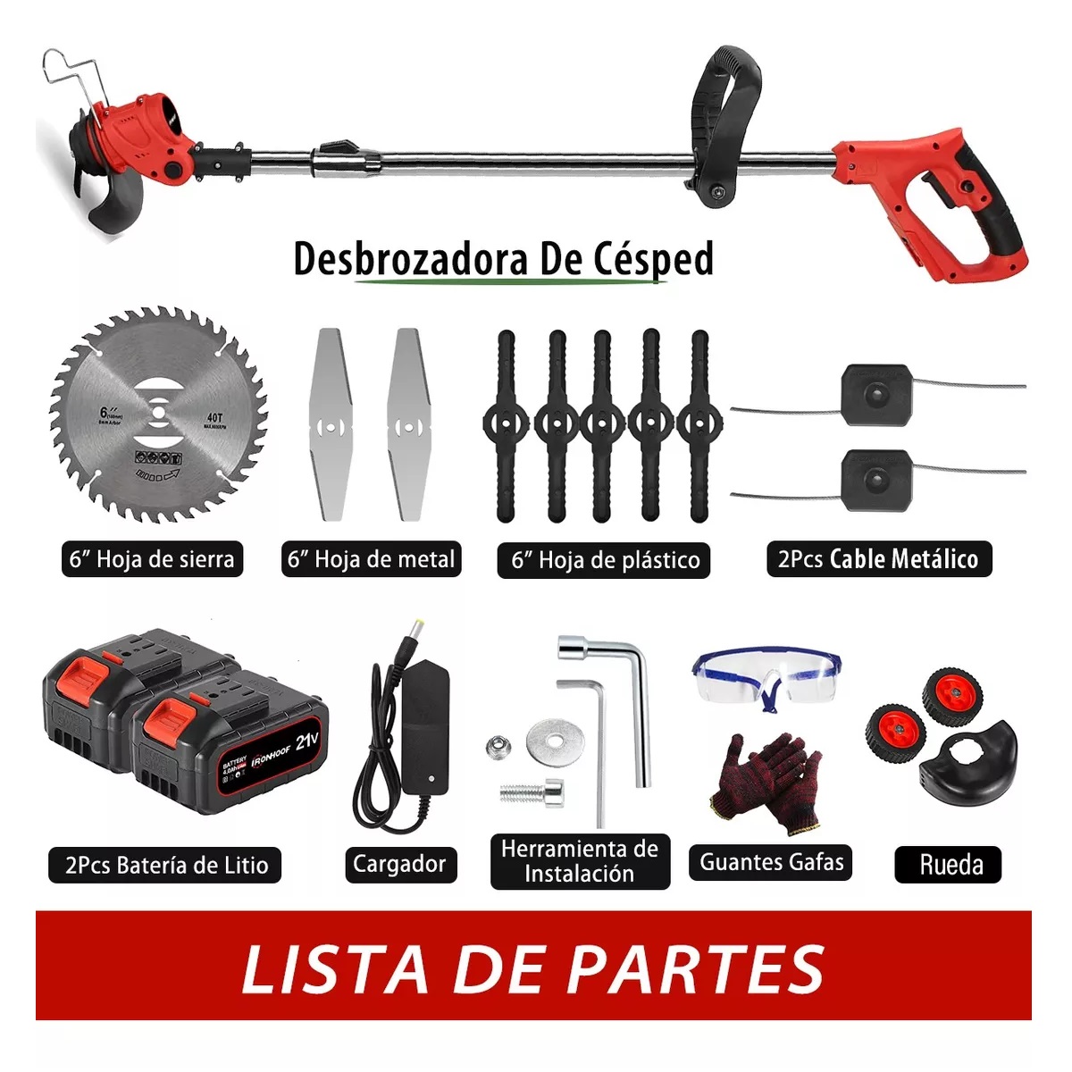 Podadora Césped Desbrozadora Inalámbrica Con Ruedas 2000 Mah