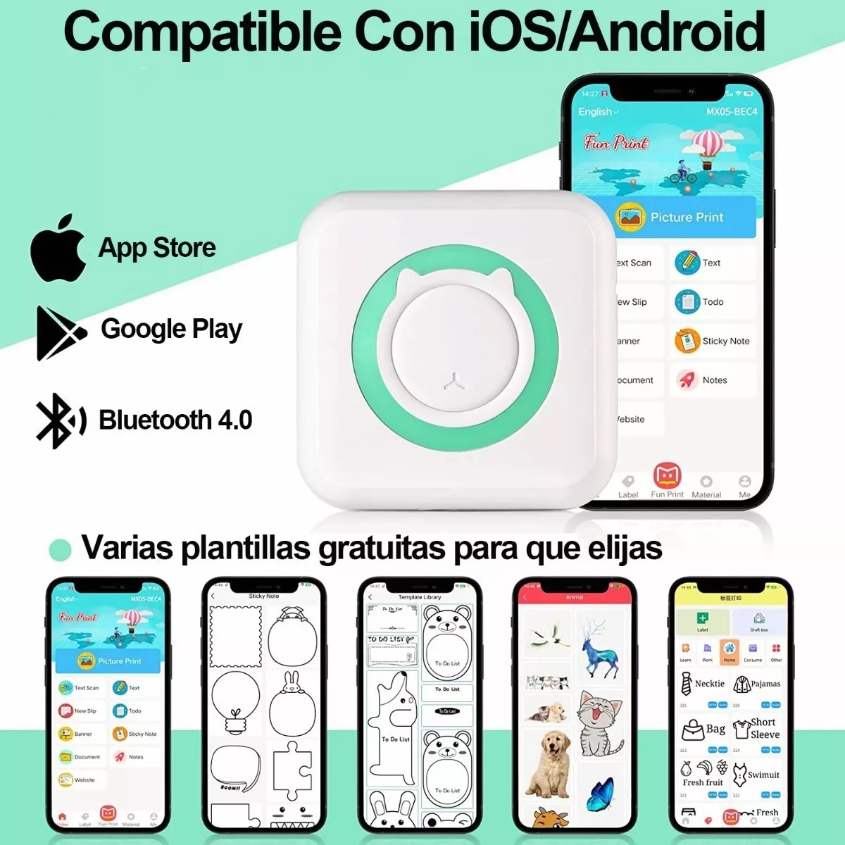 Mini Impresora Térmica Bluetooth Portátil Inalámbrica Azul