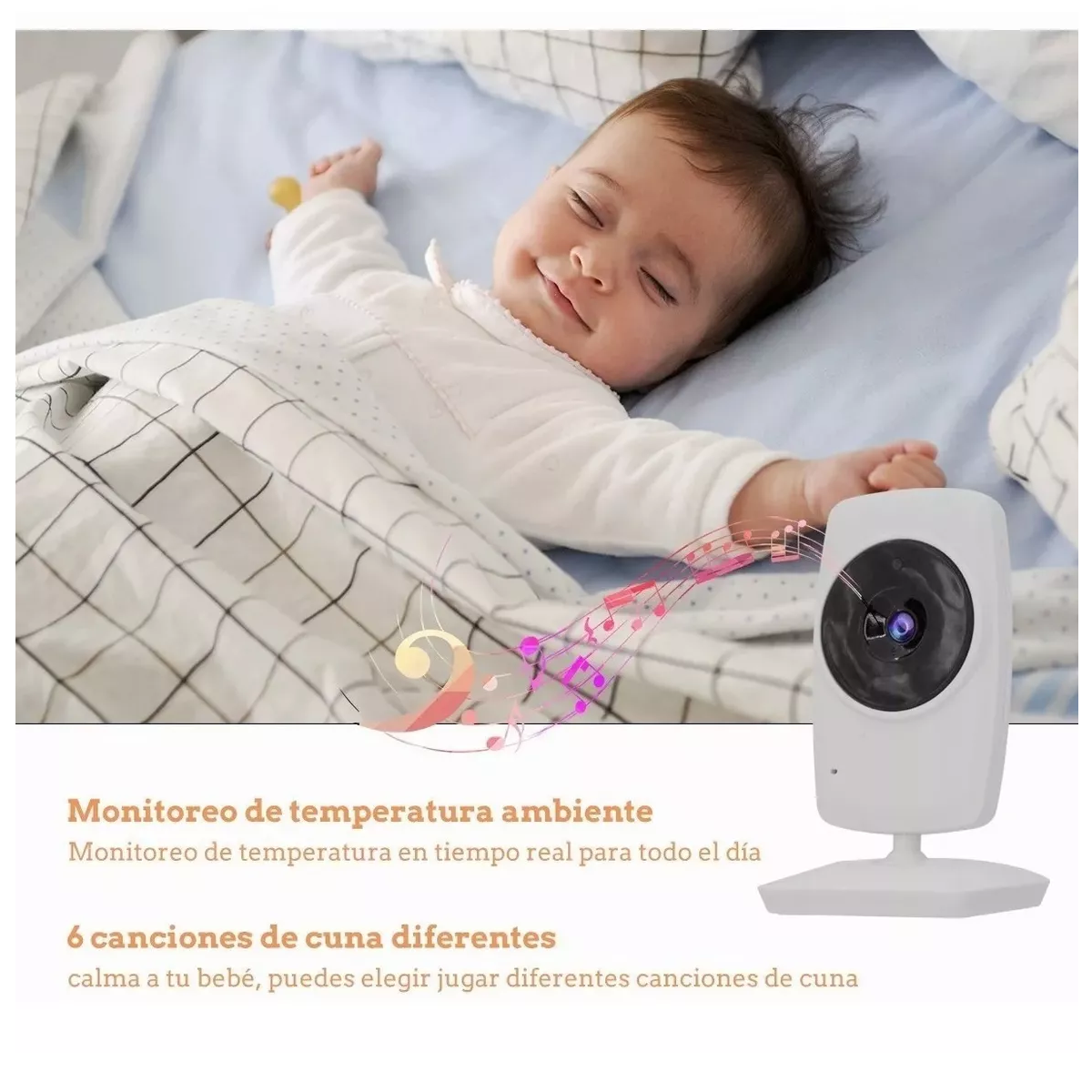 Monitor Con Camara Audio Para Bebe Vision Nocturna Temperatura Canciones  Cuna