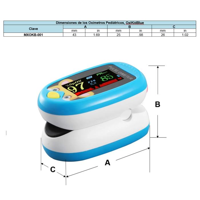 Oxímetro azul MXOKB-001-30 1Pza Azul Rango de Medición 70porciento -99porciento Spo2 30 a 240BPM mas menos 1BPM o mas menos 1porciento PR, OxiKidBlue