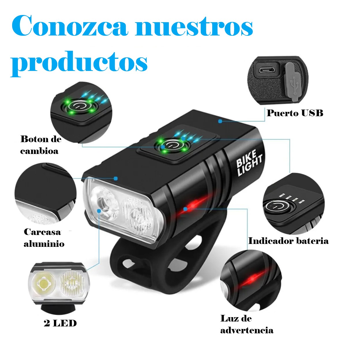 Luz bicicleta USB recargable luces LED bicicleta 6 modos linterna faro lámpara delantera