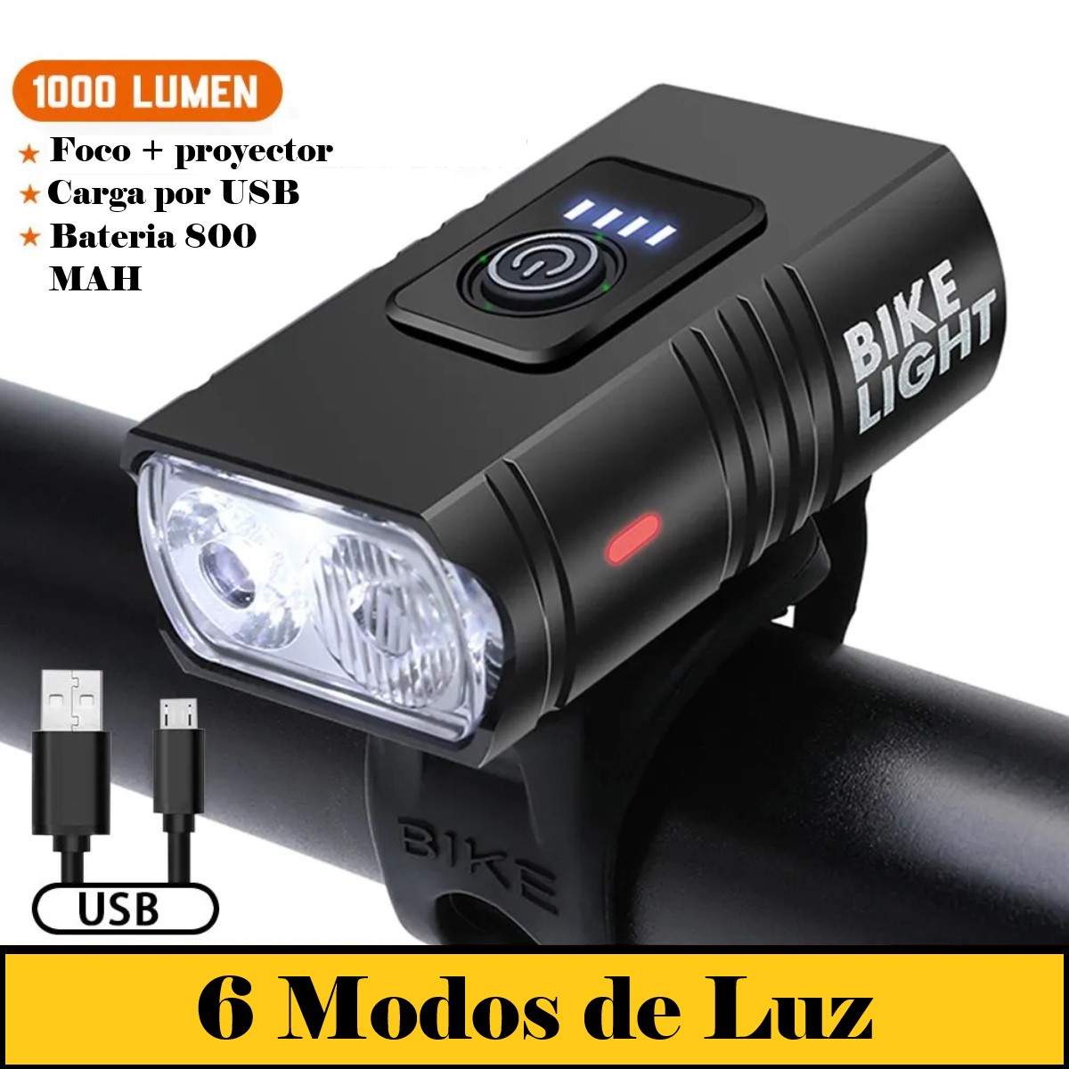 Luz bicicleta USB recargable luces LED bicicleta 6 modos linterna faro lámpara delantera