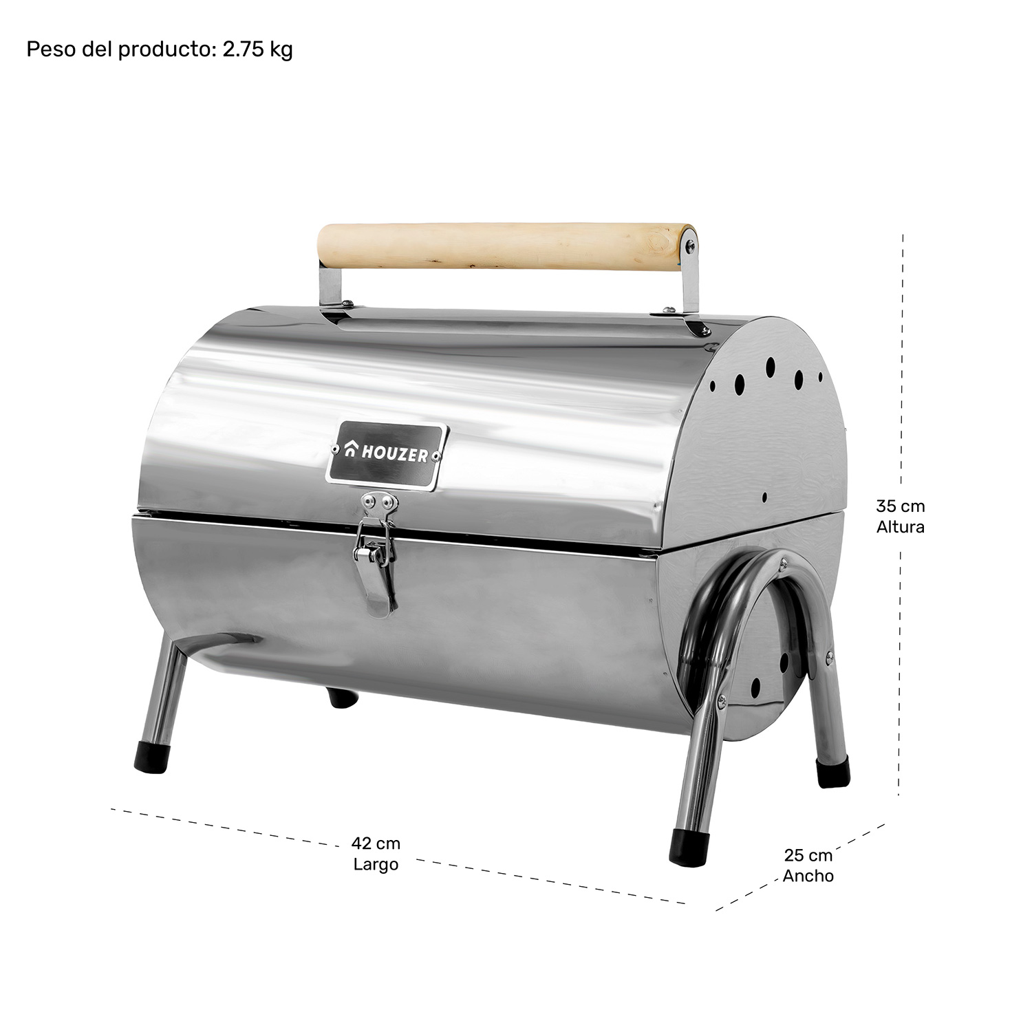 Asador Carbon Portatil Tipo Barril Cromado 2 Parrillas 42x35