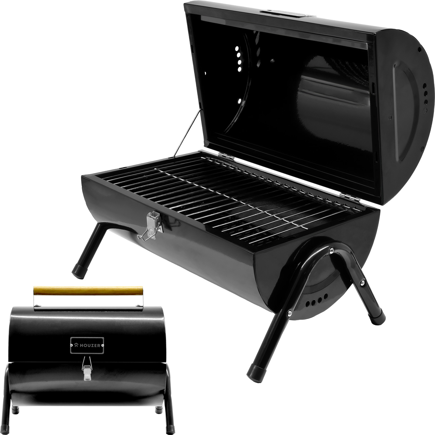 Asador Carbon Portatil Tipo Barril Negro 2 Parrillas 42x35