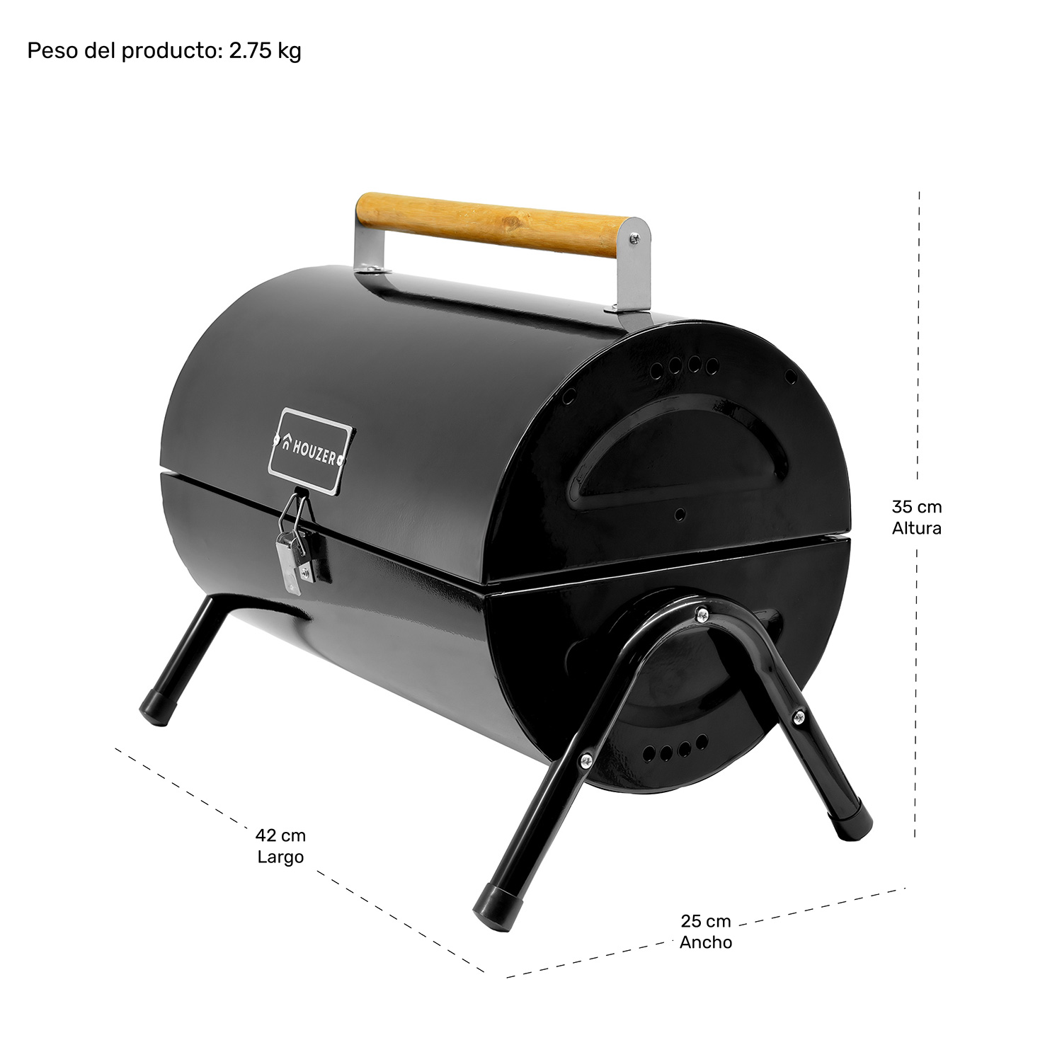 Asador Carbon Portatil Tipo Barril Negro 2 Parrillas 42x35