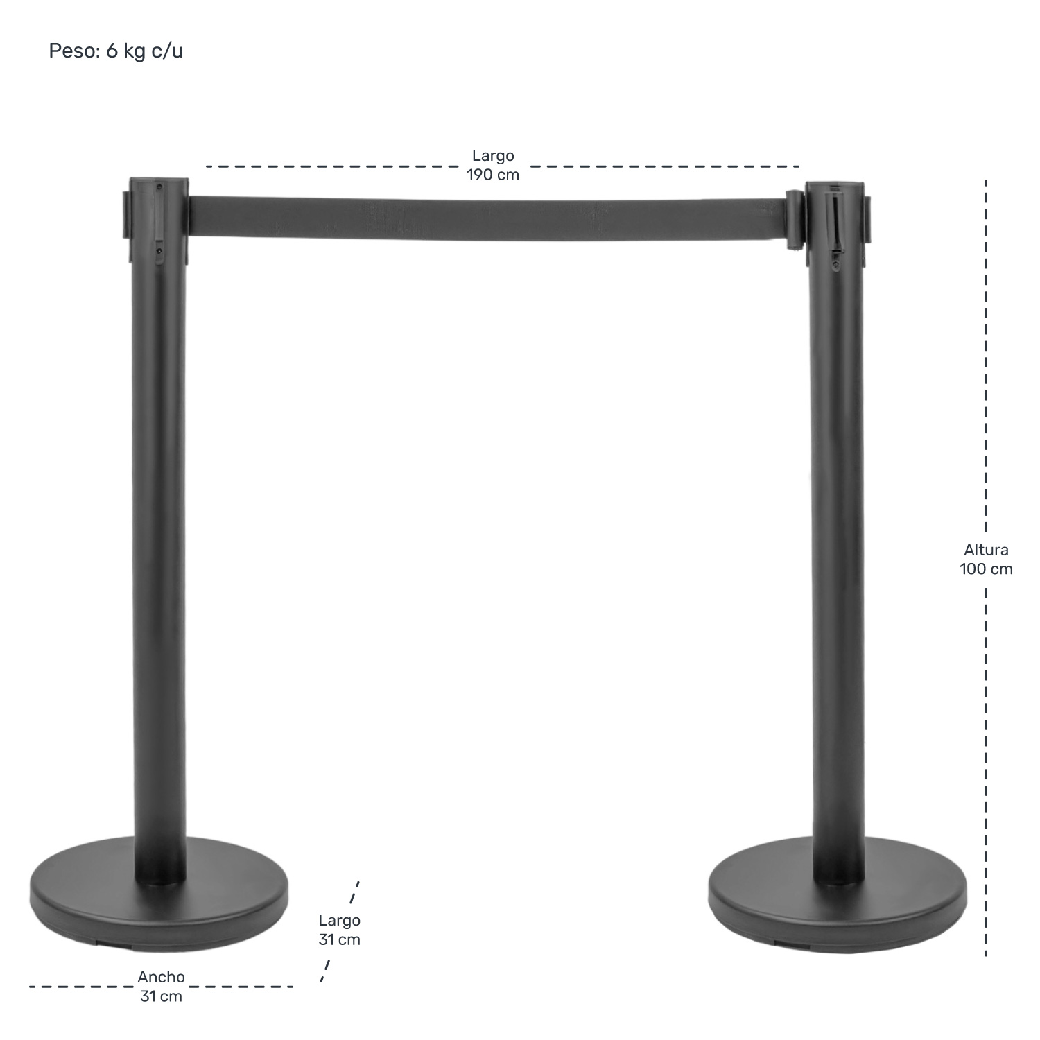 Postes Delimitadores Unifila Cinta Retractil Negra Fila 2pz