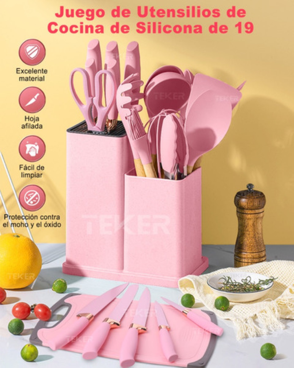 Utensilios De Cocina Silicona Juego De Cuchillo 19 Set Rosa