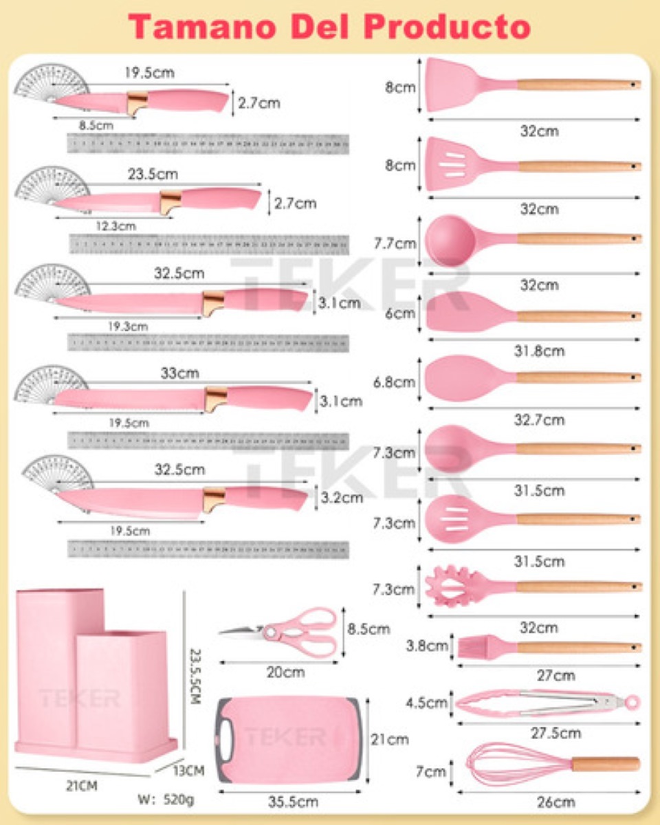 Utensilios De Cocina Silicona Juego De Cuchillo 19 Set Rosa