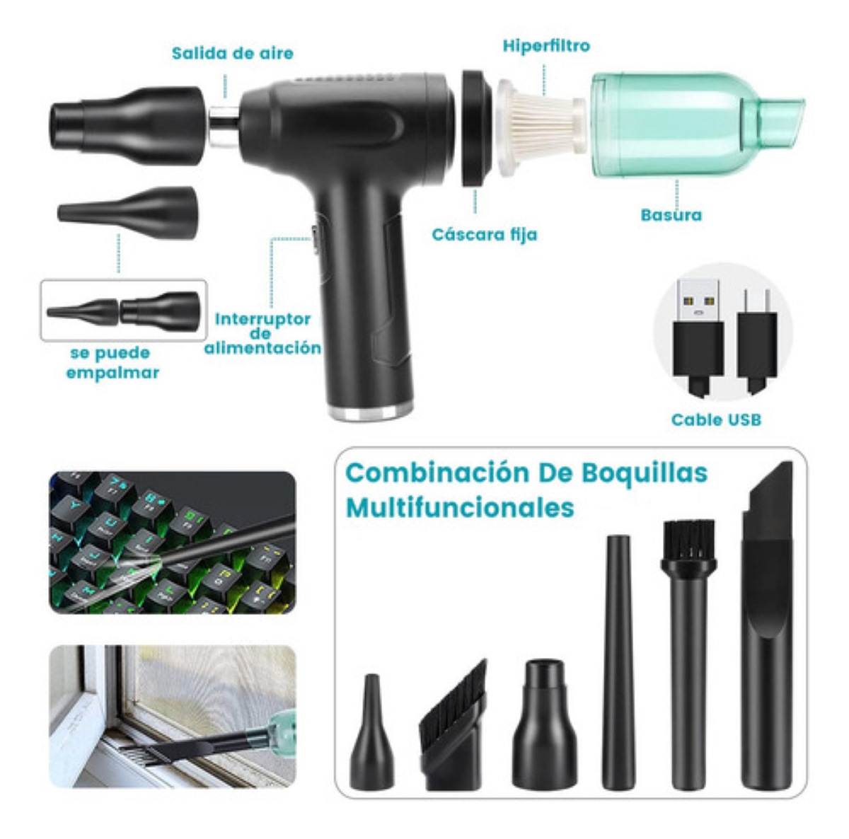 3-en-1 Kit Limpieza Pc Inalámbrico Plumero Aire Soplador Usb nEGRO