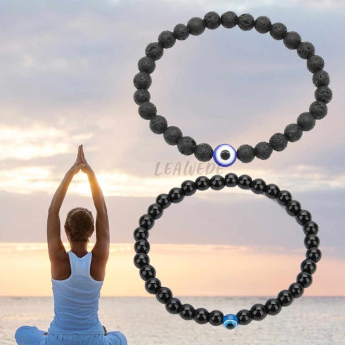 2pzs Pulsera Ojo Turco Regalo Hombre Mujer Suerte Proteccion Negro 