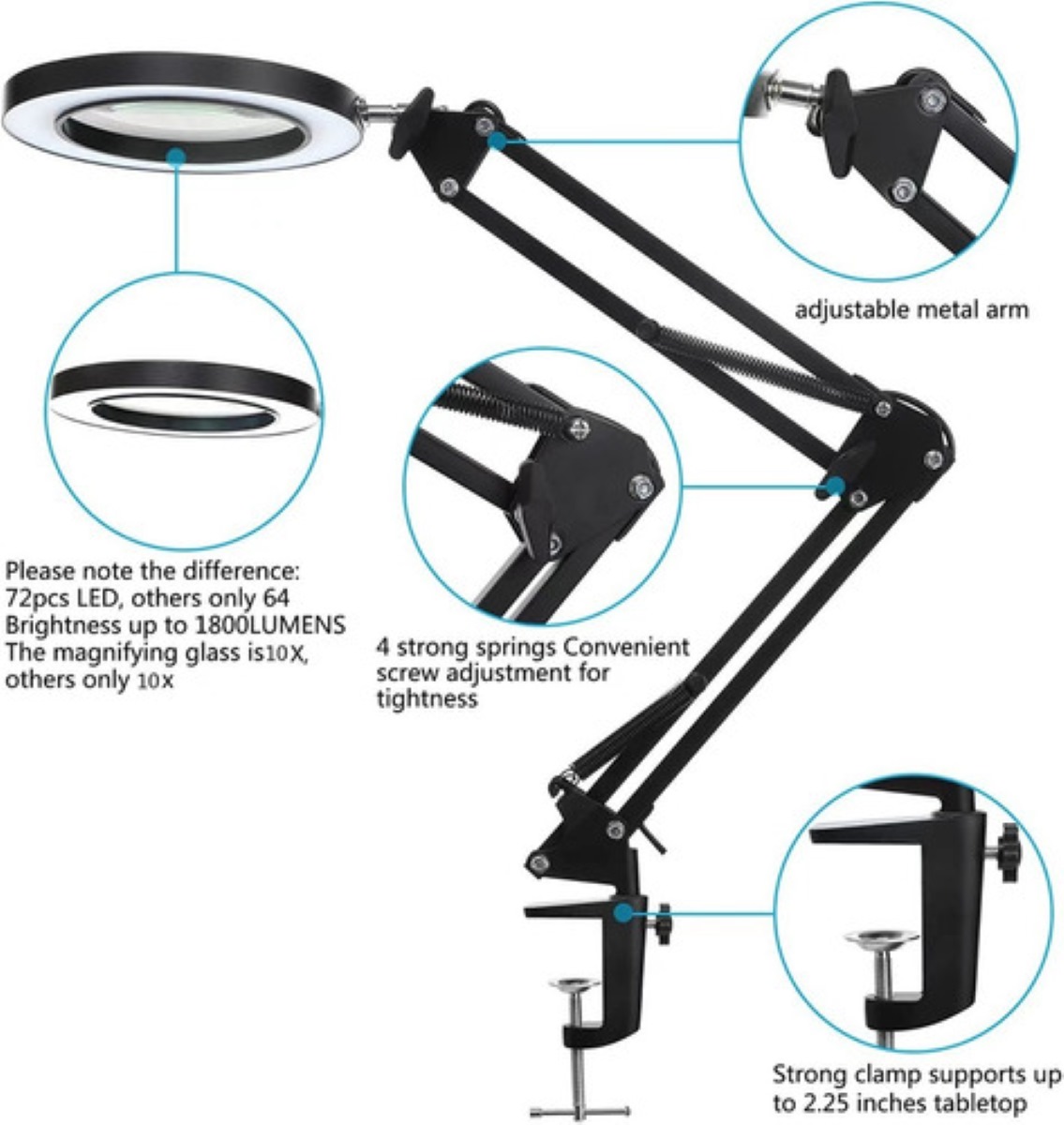 Lupa Con Lámpara Led Escritorio 10x Plegable Regulable Usb Negro