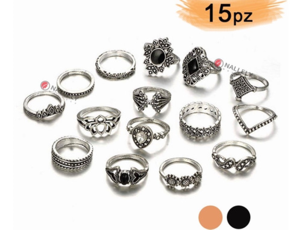 Set De 15 Anillos Piedra Negra Gótico Tribal