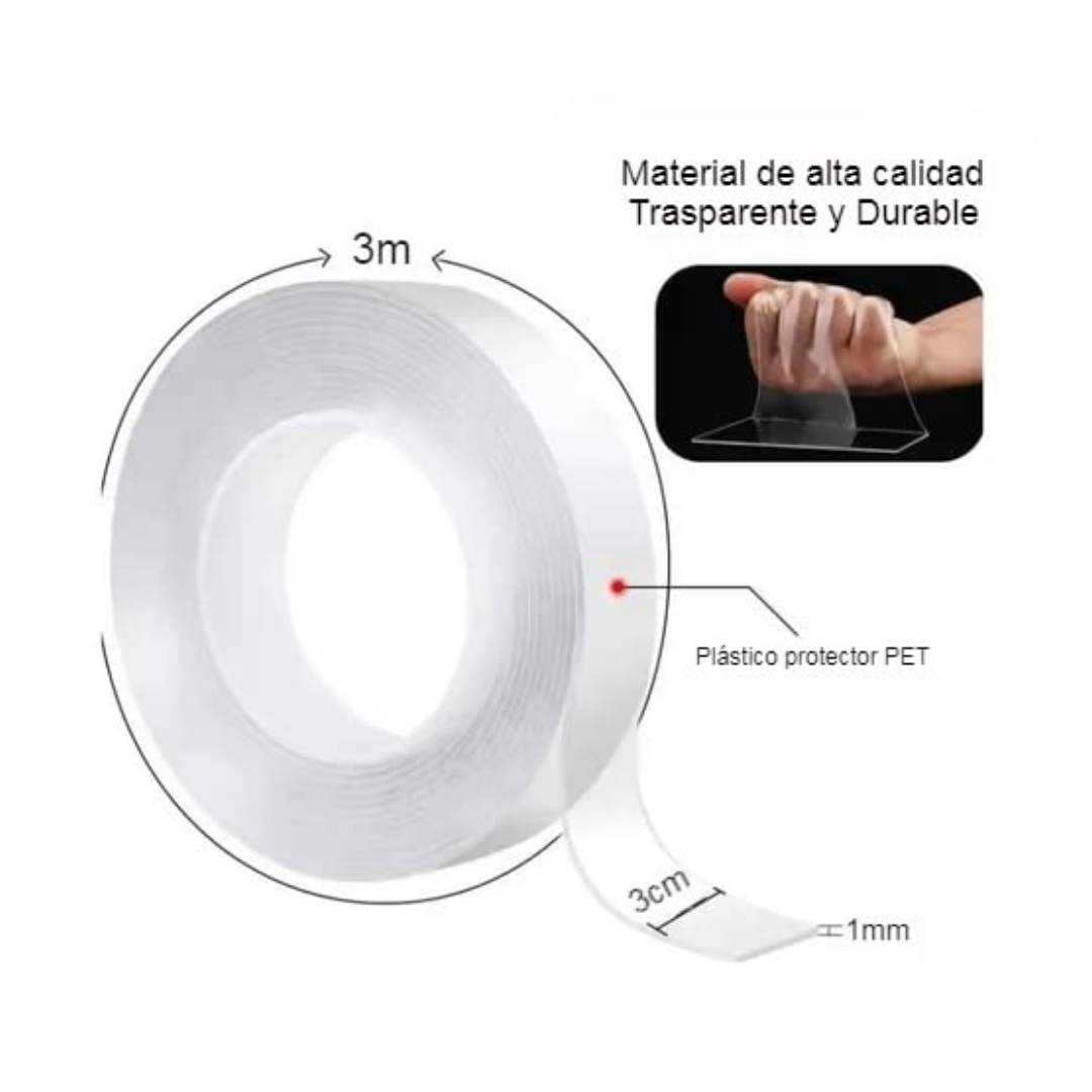 Cinta Transparente Doble Cara Nano Reutilizable 10m