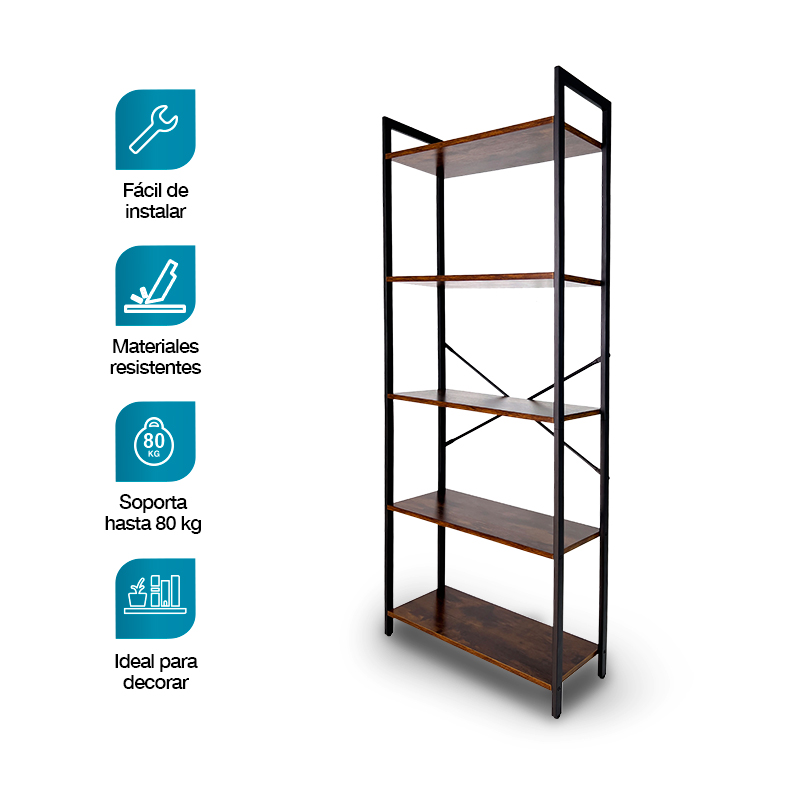 Librero Organizador Minimalista de Madera y Acero Inoxidable 5 Niveles Casa Litus