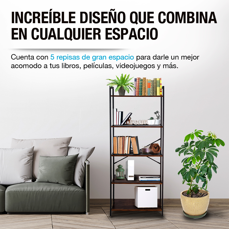 Librero Organizador Minimalista de Madera y Acero Inoxidable 5 Niveles Casa Litus