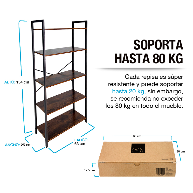 Librero Organizador Minimalista de Madera y Acero Inoxidable 5 Niveles Casa Litus