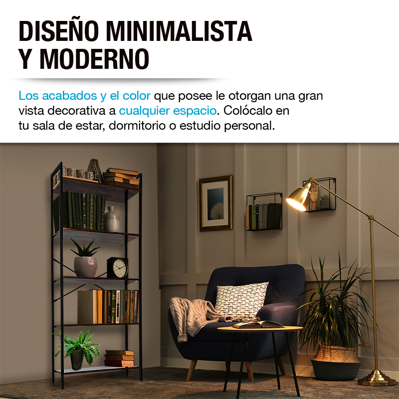 Librero Organizador Minimalista de Madera y Acero Inoxidable 5 Niveles Casa Litus