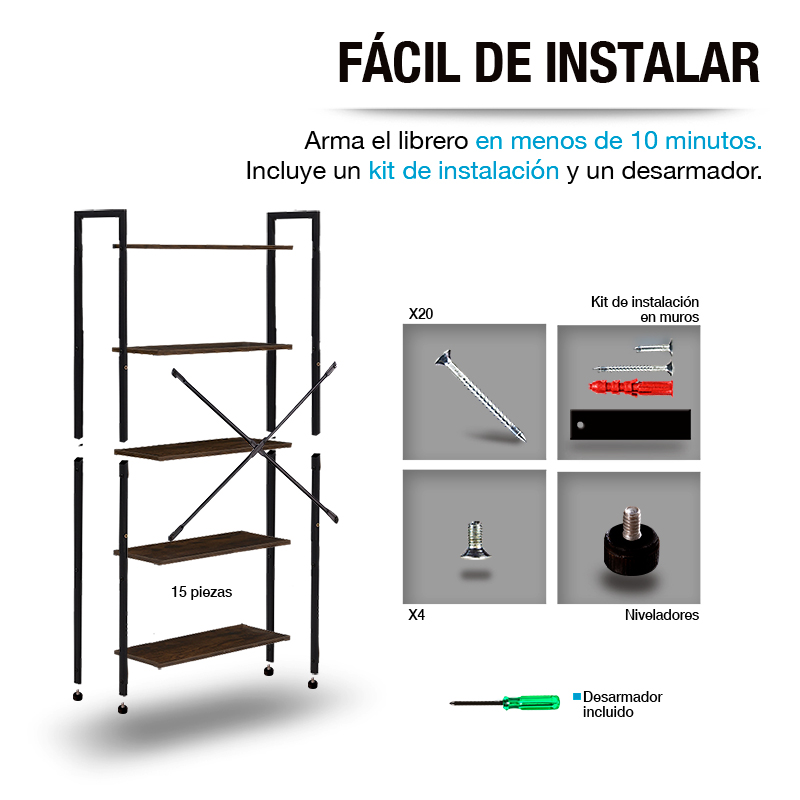 Librero Organizador Minimalista de Madera y Acero Inoxidable 5 Niveles Casa Litus